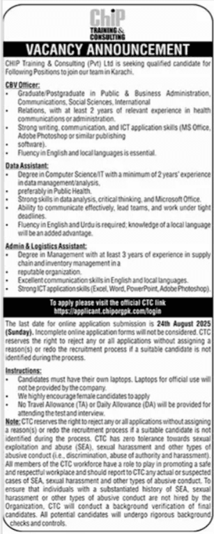CHIP Training and Consulting CTC Company Karachi Jobs