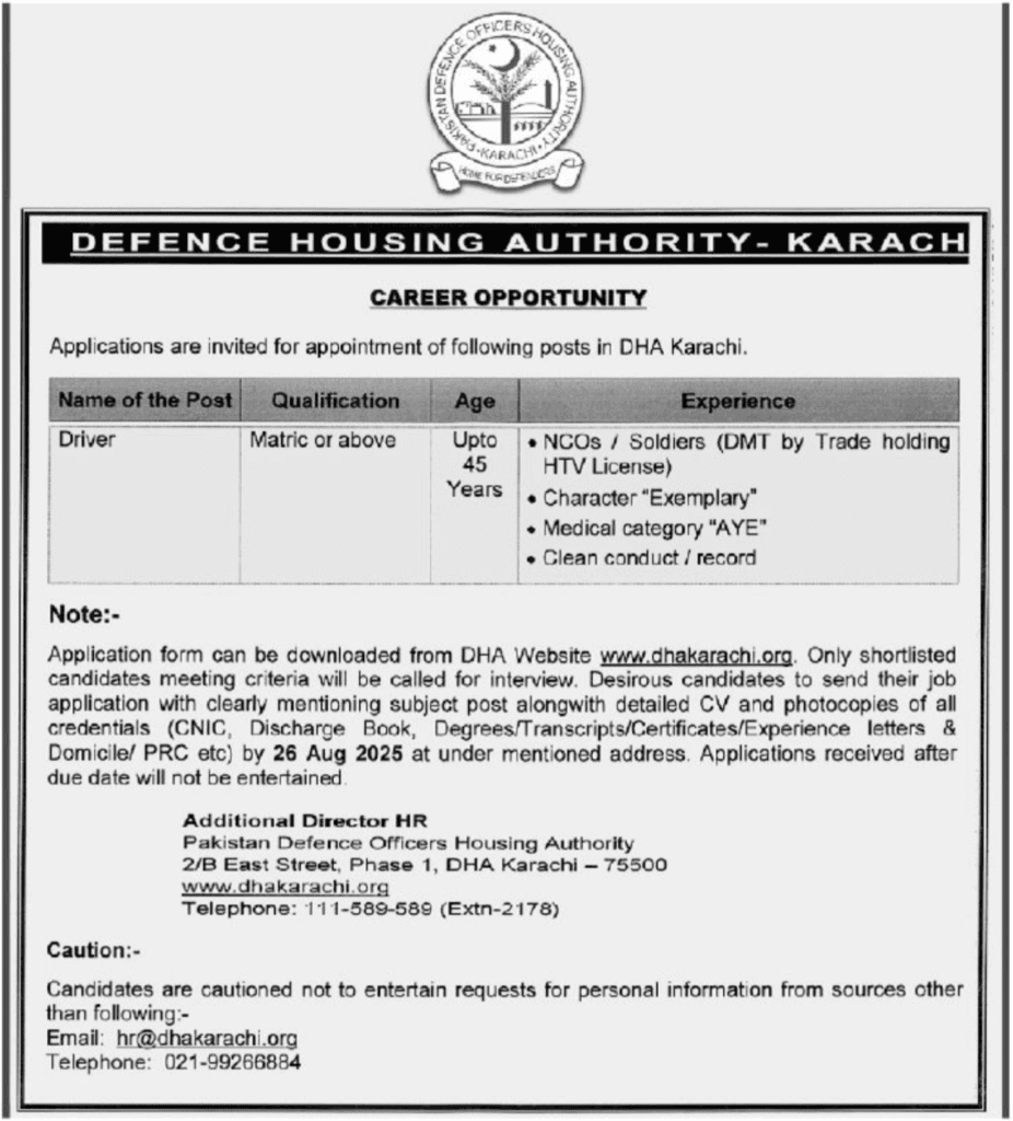 DHA Karachi Jobs For Drivers