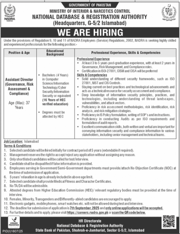 NADRA Govt of Pakistan Jobs For GRC Assistant Director