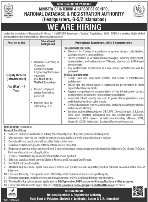 NADRA Seeks Experienced Deputy Director for IT Infrastructure 1 NADRA Seeks Experienced Deputy Director for IT Infrastructure