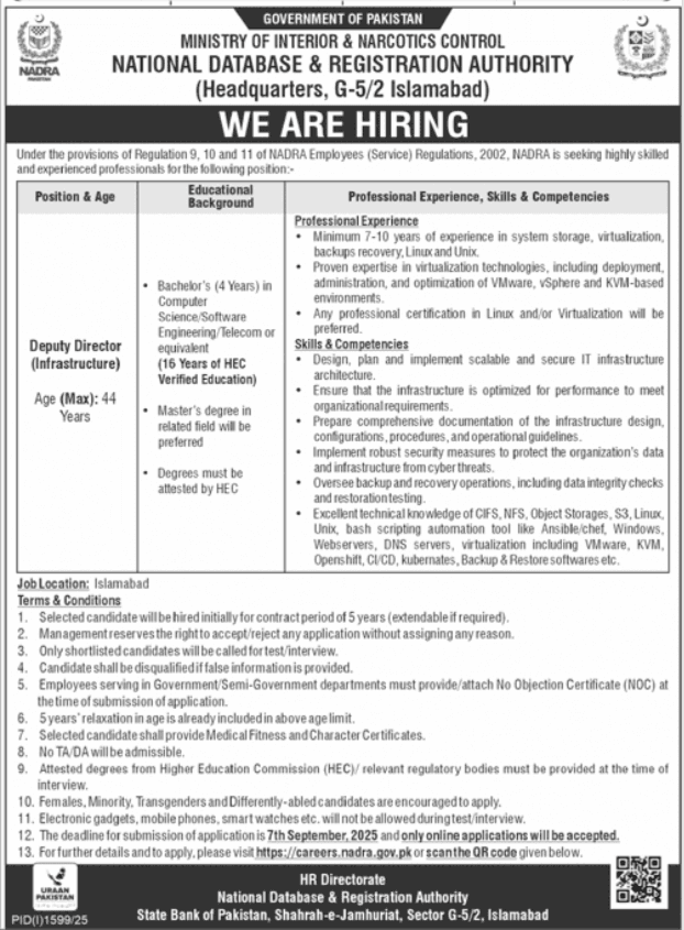 NADRA Seeks Experienced Deputy Director for IT Infrastructure