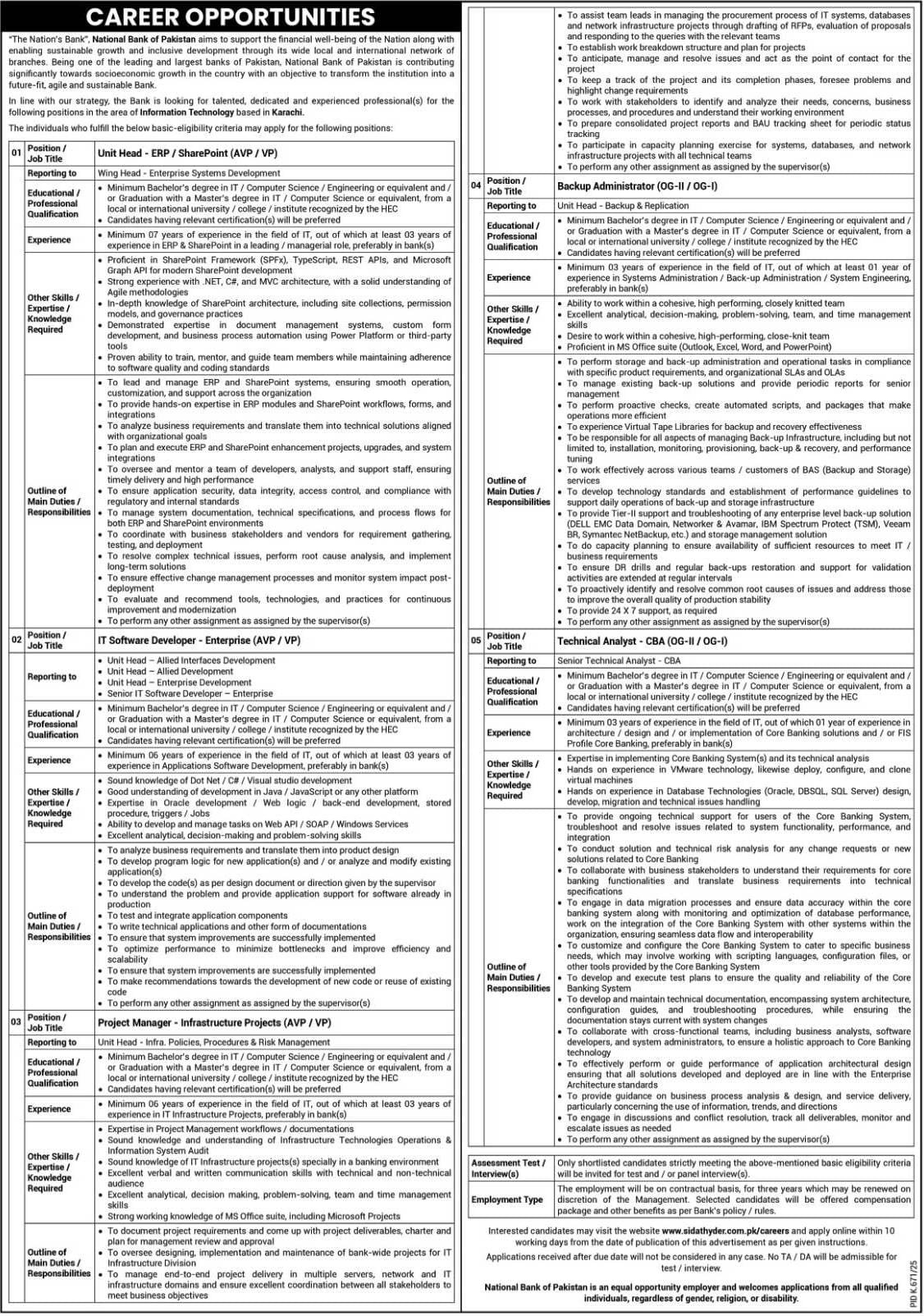 IT Career Opportunities at National Bank of Pakistan in Sindh