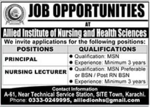 Allied Institute of Nursing Karachi Seeks Lecturers