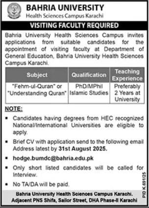 Bahria University Karachi Jobs For Visiting Quran Faculty