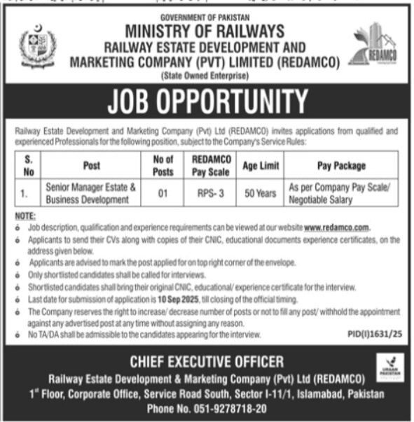 Ministry of Railways Jobs For Senior Manager Estate