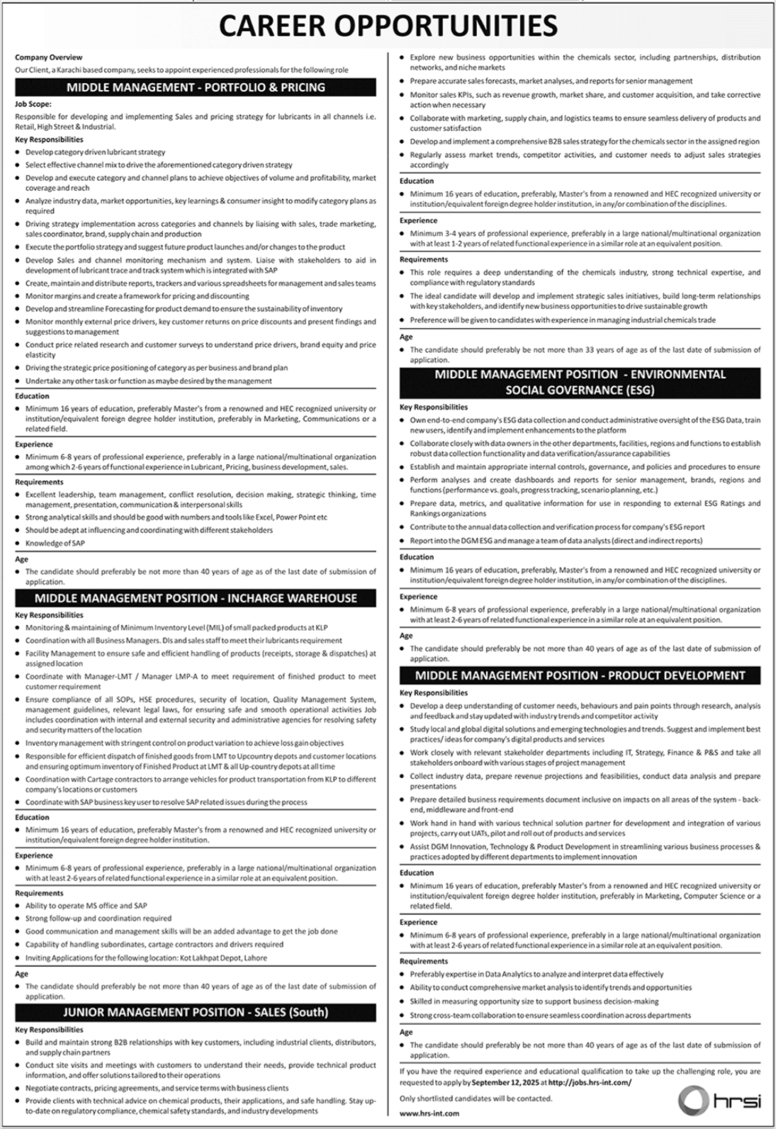 Human Resource Solutions International HRSI Company Karachi Jobs