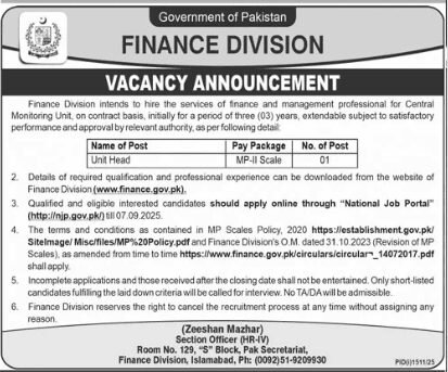 Pakistan Finance Division Hiring Unit Head Central Monitoring