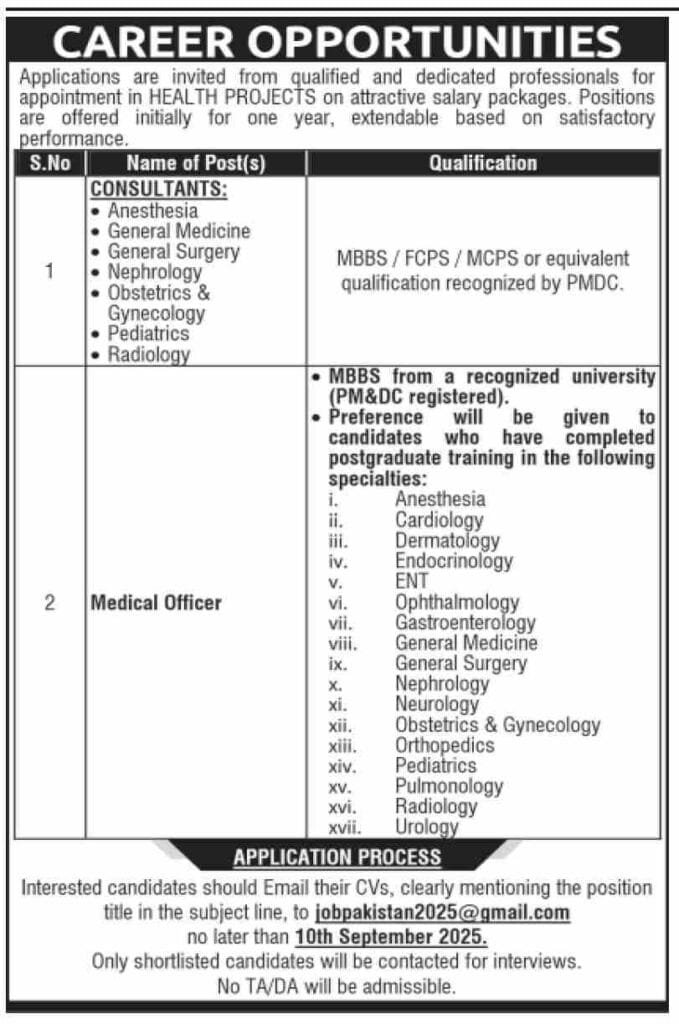 Career Opportunities in Health Projects for Doctors And Medical Officers