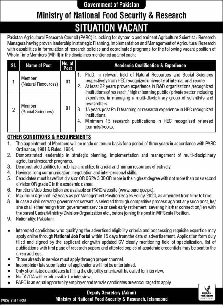 PARC MNFSR Jobs 2025: Member Positions for PhDs in Islamabad