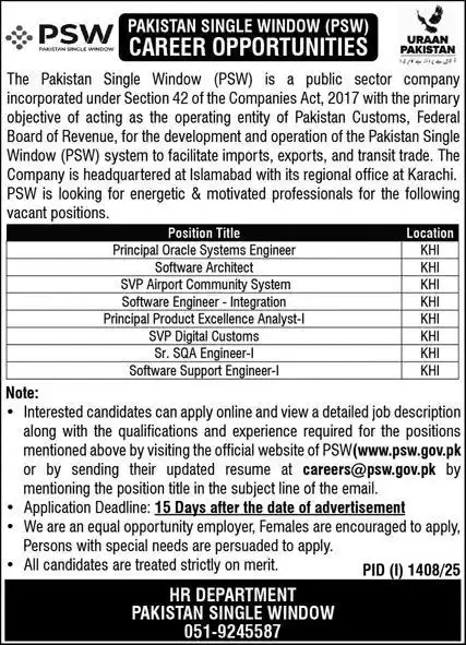 Pakistan Single Window Careers 2025: IT & Software Roles