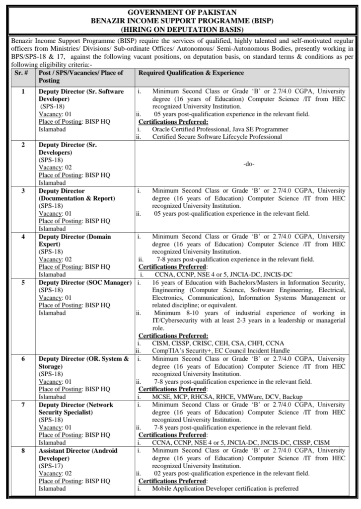 BISP Benazir Income Support Programme Jobs 2025