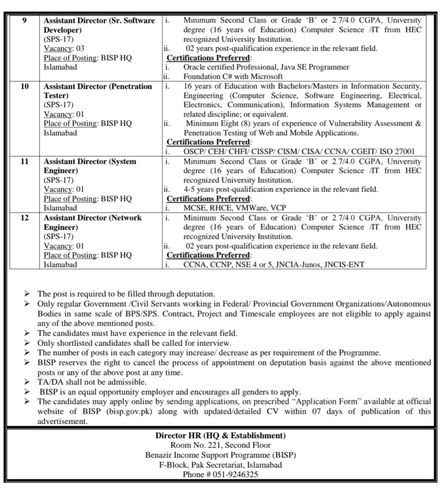 BISP Benazir Income Support Programme Jobs 2025