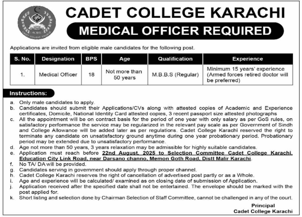 Cadet College Karachi Seeks Senior Medical Officer