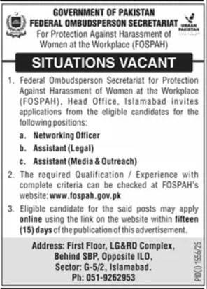 FOSPAH Jobs 2025: Federal Ombudsman Secretariat Seeks Officers and Assistants in Islamabad