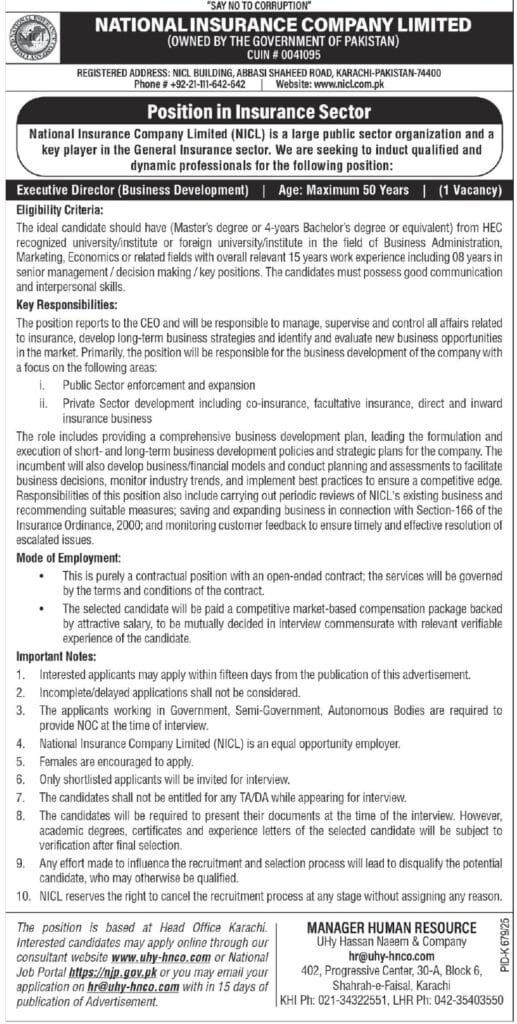 NICL Jobs 2025: National Insurance Company Seeks Executive Director for Business Development in Karachi