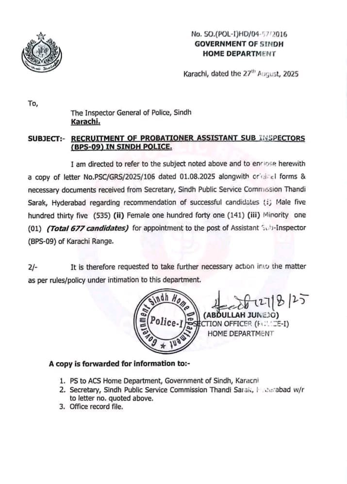 Sindh Police New Jobs Notice 677 Probationer Assistant Sub-Inspectors (BPS-09)