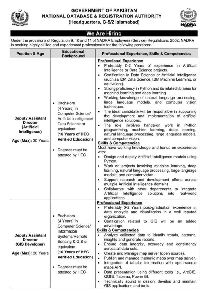 National Database And Registration Authority NADRA Pakistan Jobs