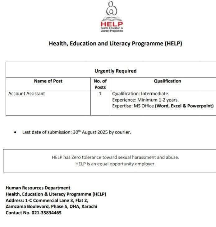 Health Education and Literacy Programme HELP NGO Karachi Jobs