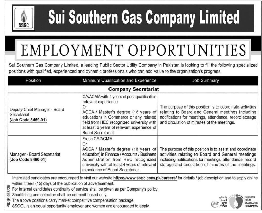 Sui Southern Gas Company Limited (SSGC) Jobs