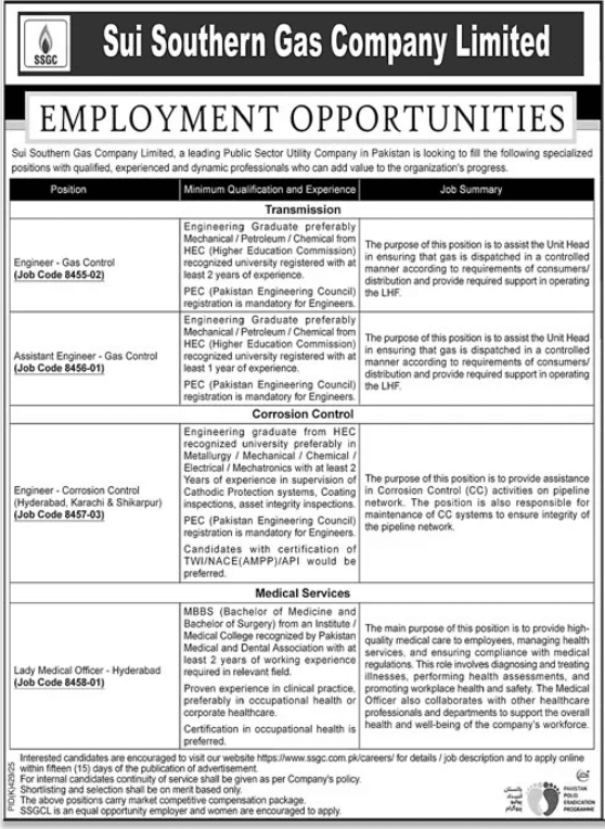 SSGC Sui Southern Gas Company Limited Jobs