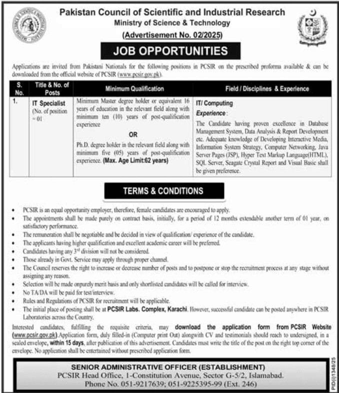 Pakistan Council of Scientific and Industrial Research Sindh Jobs