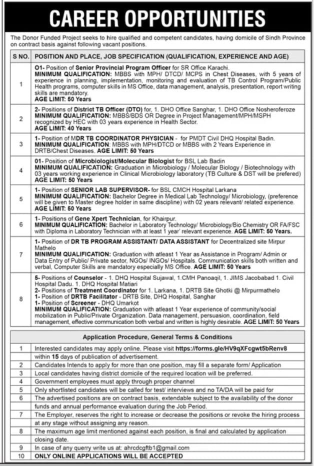 Donor funded Program Jobs in sindh 2025