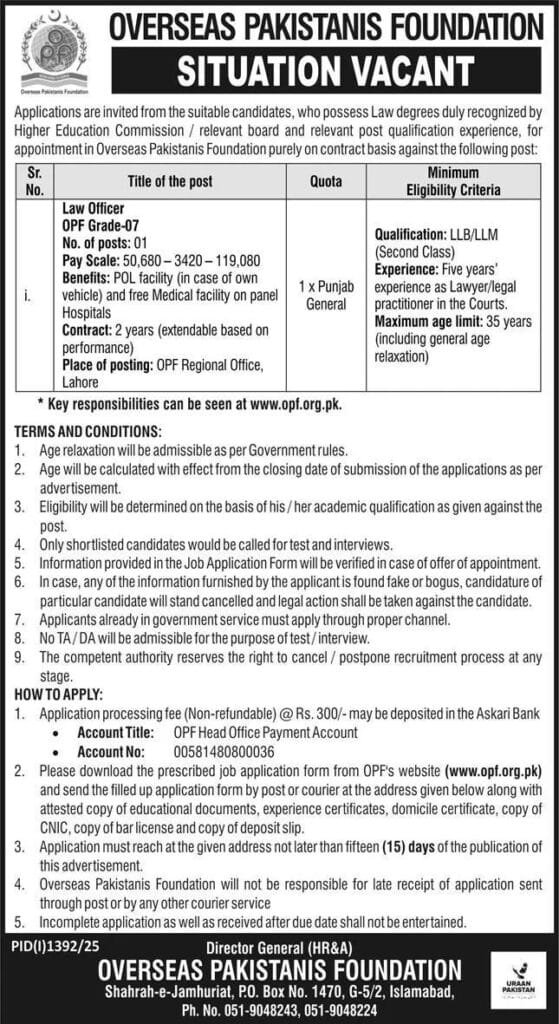 OPF Jobs 2025 Online Apply For Overseas Pakistanis Foundation Career Opportunities