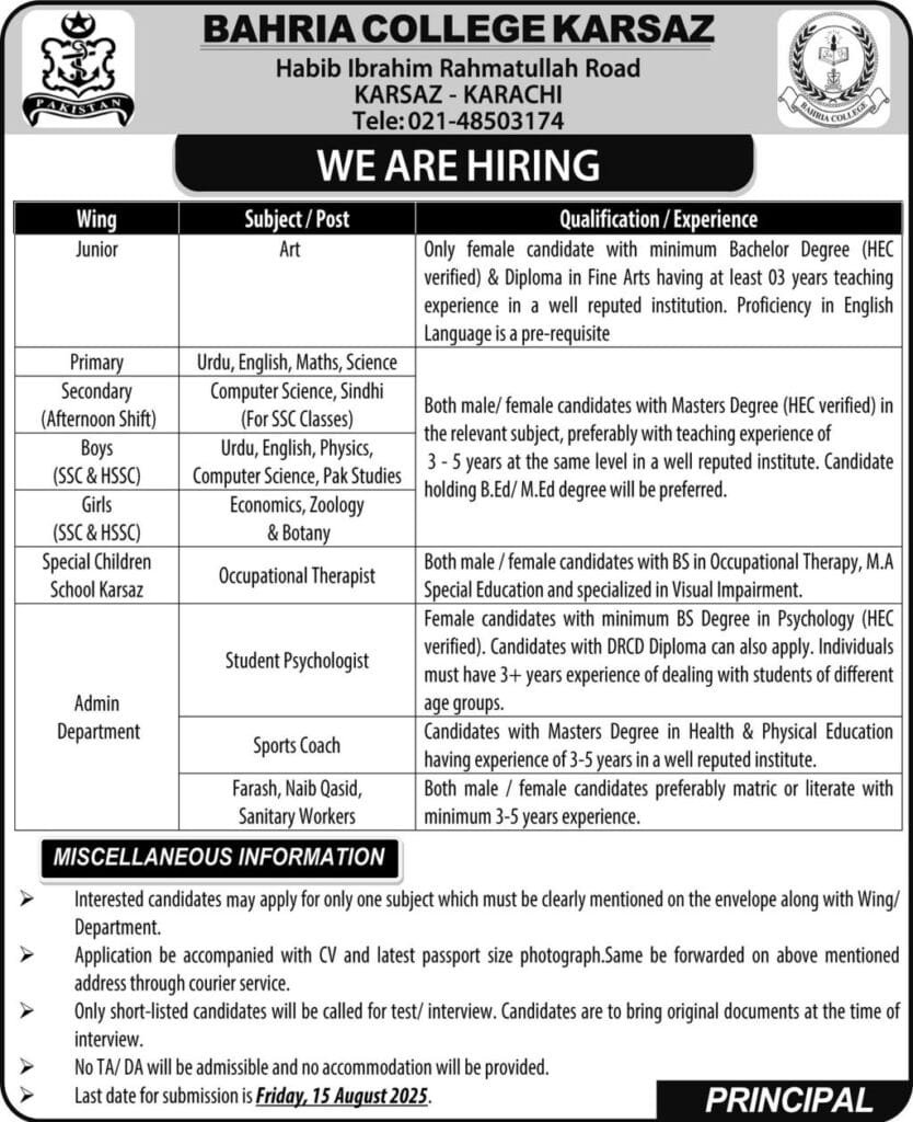Bahria College Karsaz Jobs 2025