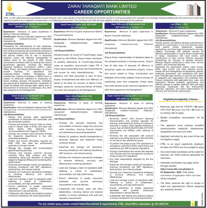 Job Vacancies at Zarai Taraqiati Bank Limited ZTBL