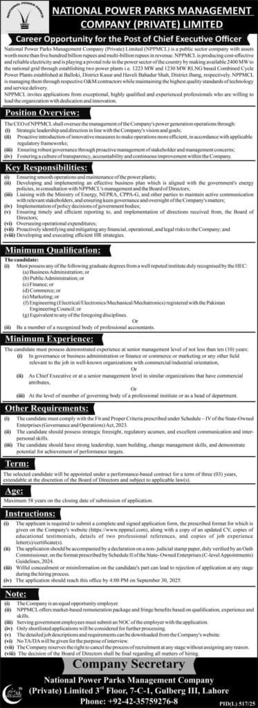 CEO Jobs at National Power Parks Management Company Private Limited
