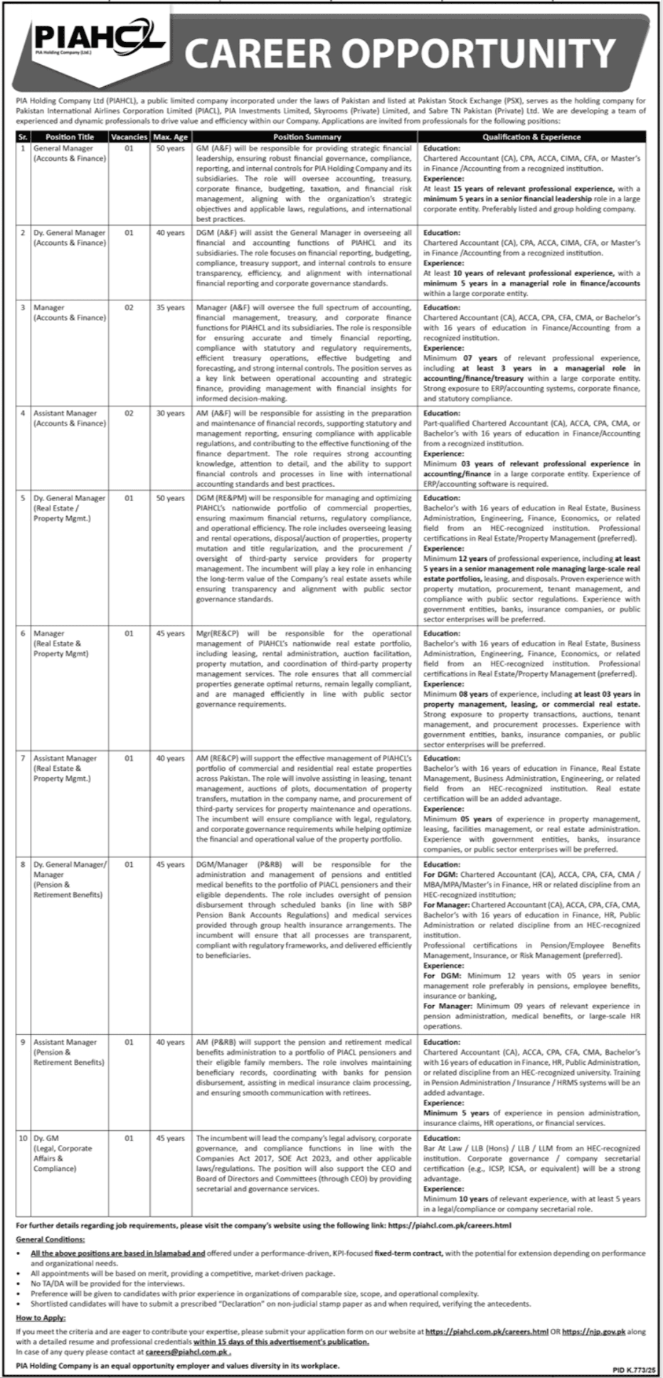 PIA Holding Company Ltd PIAHCL Careers Job Opportunities