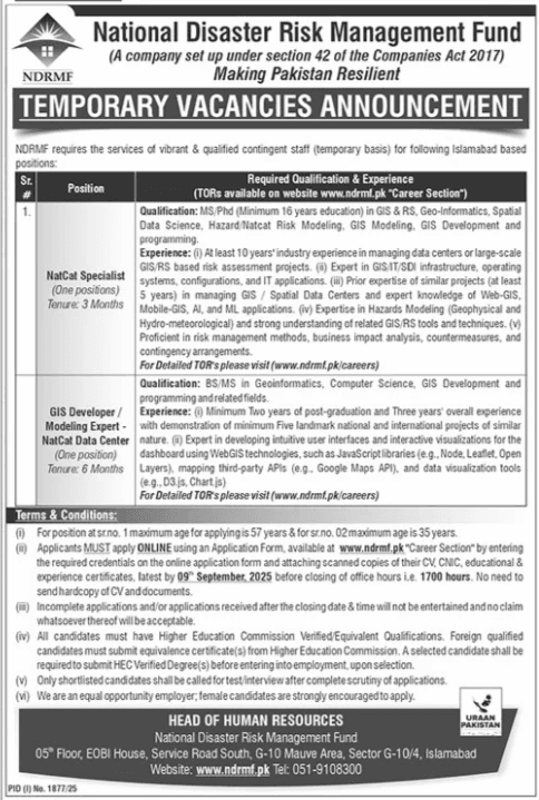 NDRMF National Disaster Risk Management Fund Jobs