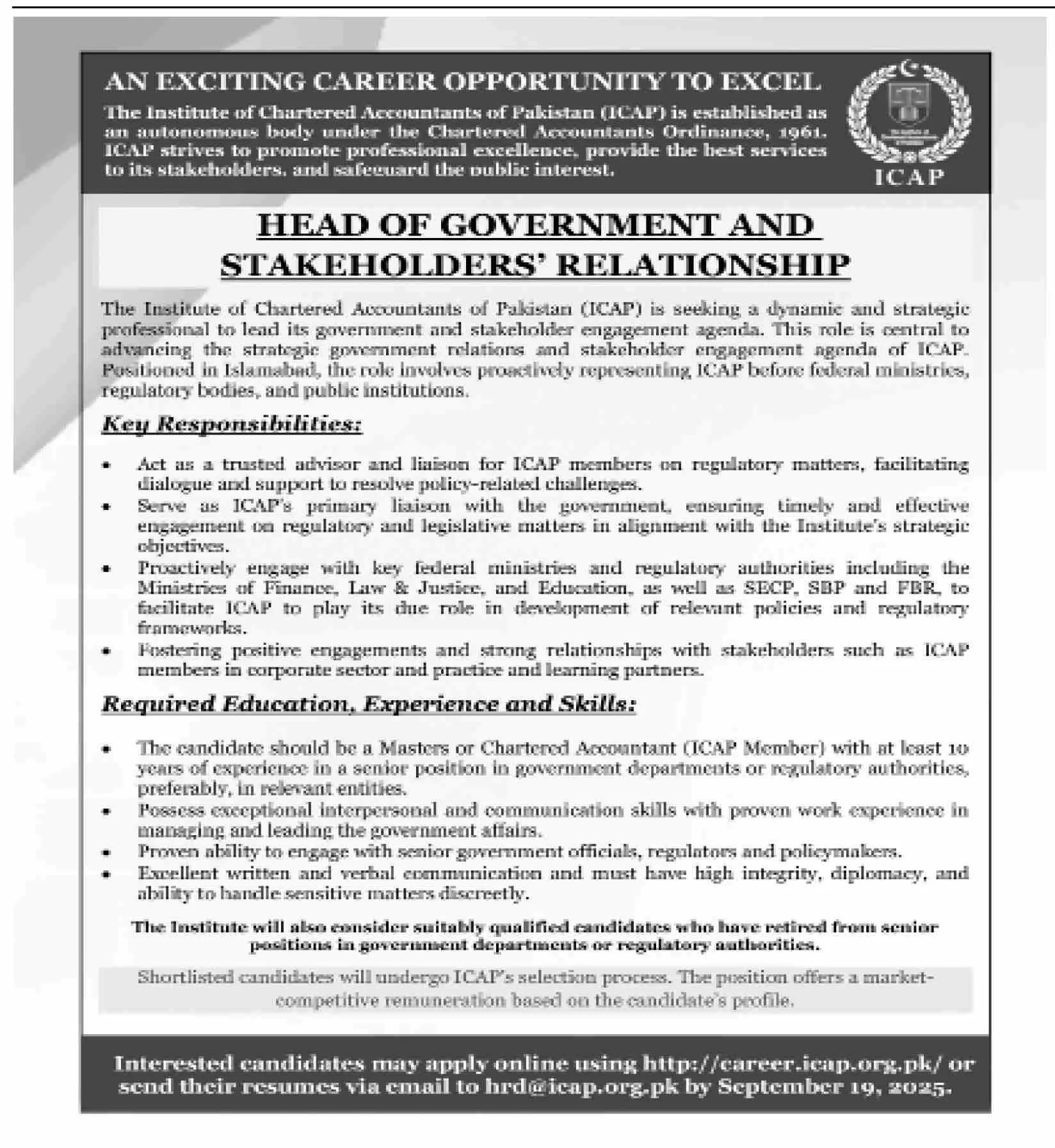 ICAP Head Jobs: Institute of Chartered Accountants of Pakistan