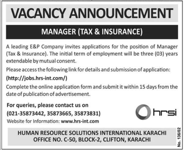 Tax & Insurance Manager: HRSI Jobs in Karachi