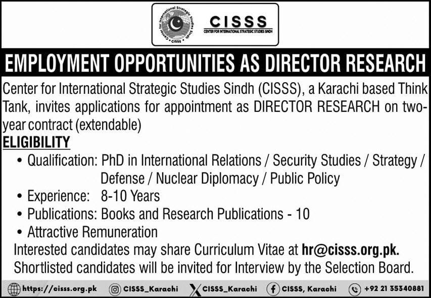 Center for International Strategic Studies Sindh CISSS Jobs