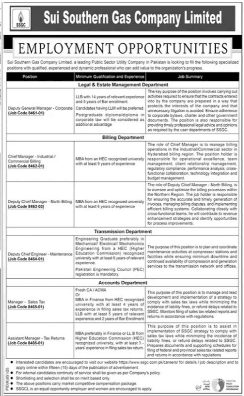 SSGC Sui Southern Gas Company Limited Jobs 2025