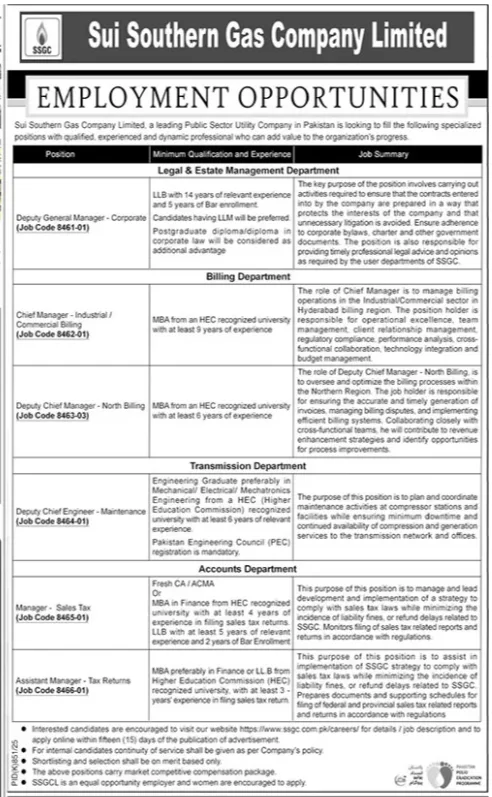 SSGC Sui Southern Gas Company Limited Jobs 2025