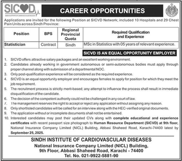 Jobs at Sindh Institute of Cardiovascular Diseases SICVD