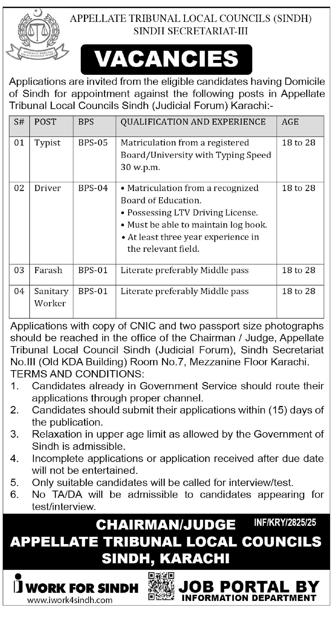 Appellate Tribunal Local Councils Sindh Jobs: BPS 1 TO BPS 5 1 Appellate Tribunal Local Councils Sindh Jobs: BPS 1 TO BPS 5
