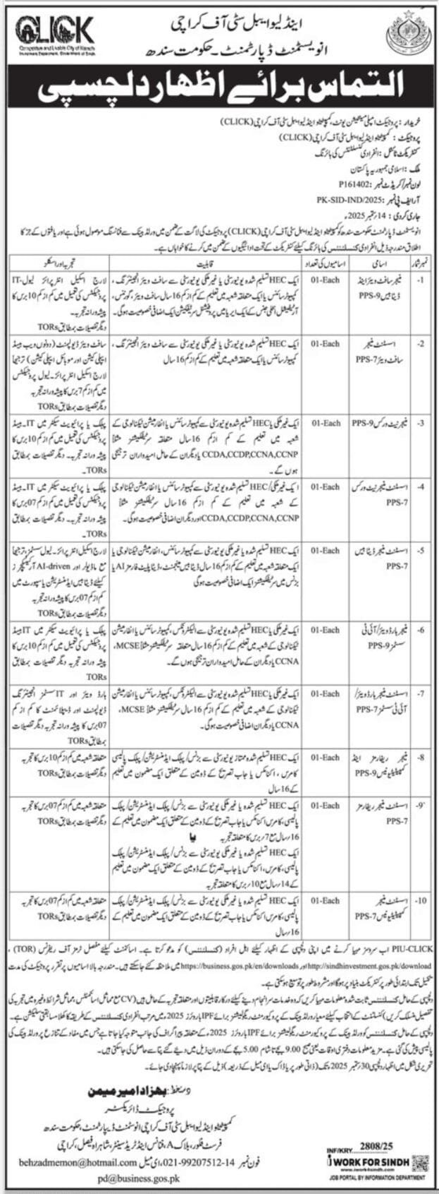 Government of Sindh Investment Department Jobs