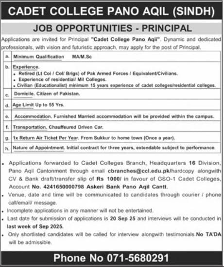 Principal Jobs: Careers at Cadet College Pano Aqil