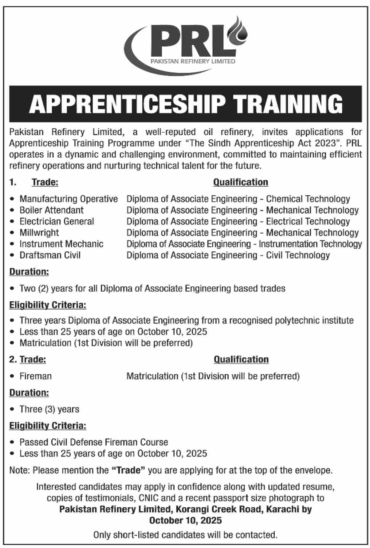 Apprenticeship Training 2025 At Pakistan Refinery Limited