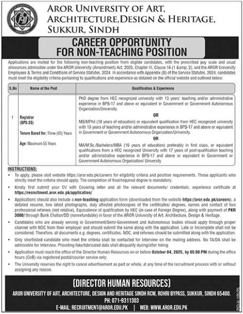 Aror University Jobs 2025. Discover a world of potential with the latest Aror University of Art, Architecture, Design & Heritage Management posts in Sukkur for 2025. A prominent governing body has officially advertised these promising roles, seeking talented individuals to join their esteemed institution. This announcement, appearing around September 15, 2025, in the reputable Daily News newspaper, specifically highlights a significant opening.