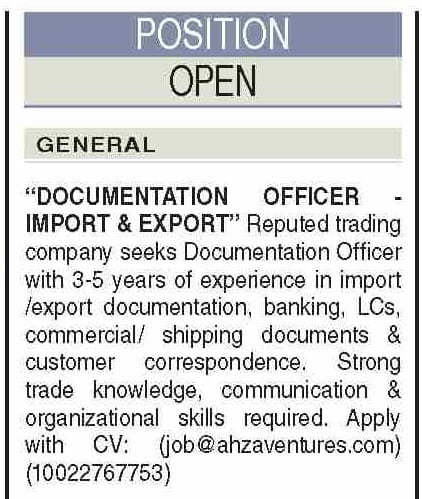 Documentation Officer Import Export Karachi Jobs 1 Documentation Officer Import Export Karachi Jobs