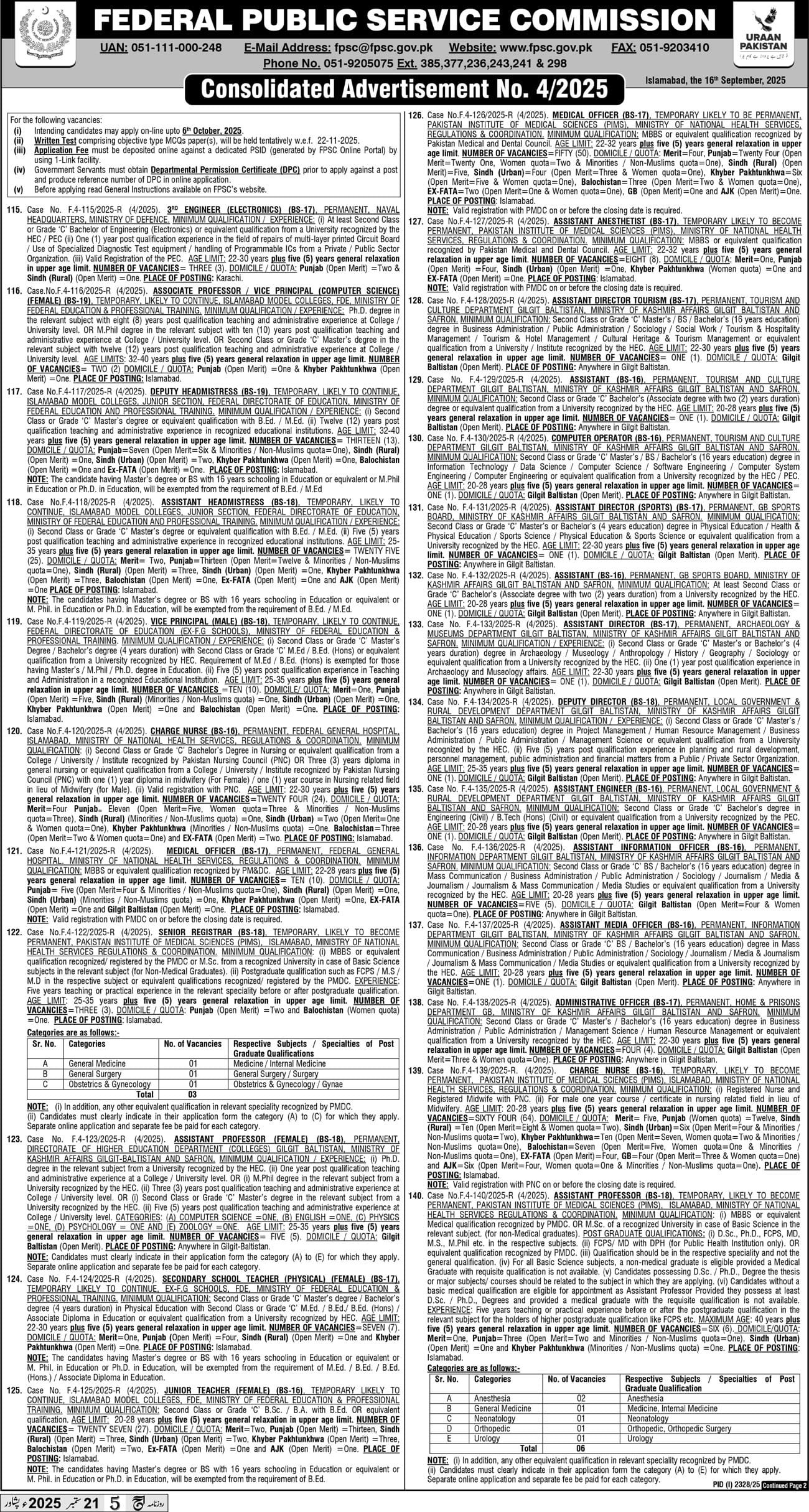 Federal Public Service Commission FPSC Govt Jobs 2025