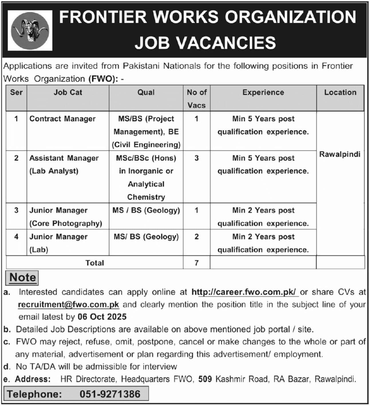 Frontier Works Organization FWO Jobs. Unlock exciting FWO management opportunities stemming from an advertisement published in the Daily Express Tribune on September 21, 2025. These prime positions in Rawalpindi, Pakistan, beckon qualified professionals to contribute to significant national development projects.
