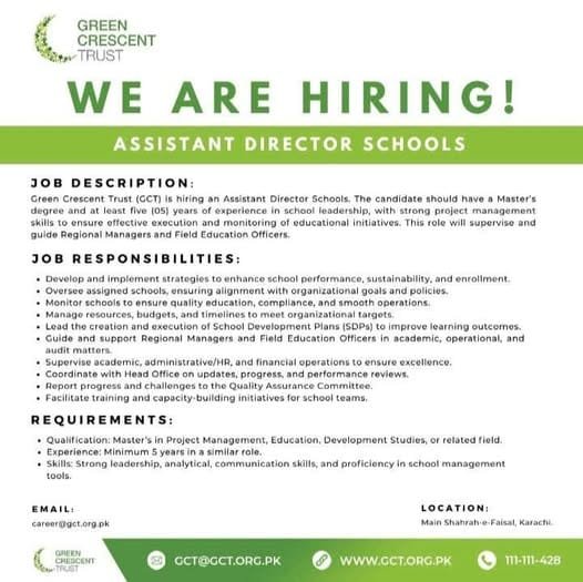 Green Crescent Trust Assistant Director Schools Karachi Jobs