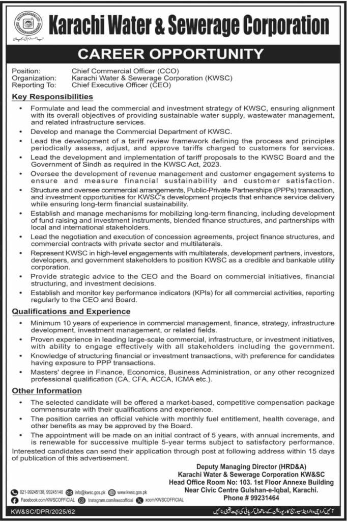 Job Opportunity At Karachi Water and Sewerage Corporation