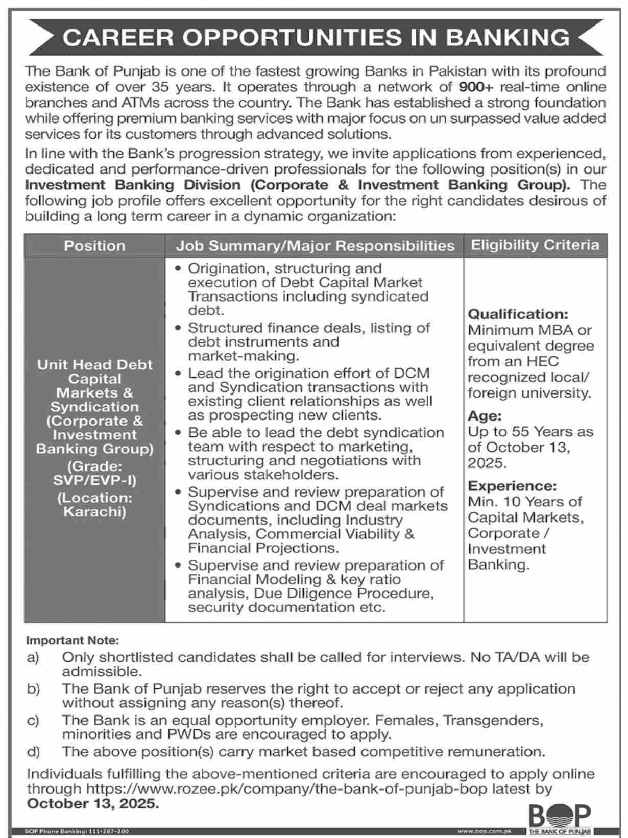 Job Opportunity At The Bank Of Punjab BOP Karachi