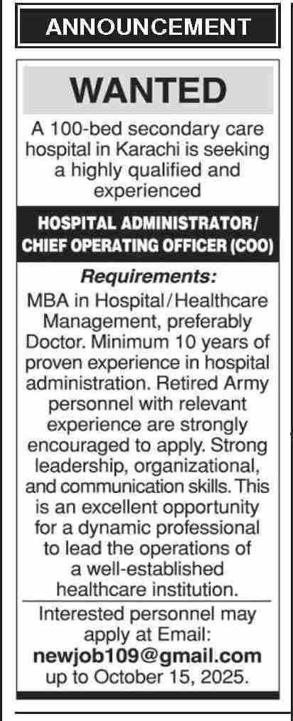 Secondary Care Hospital Karachi Jobs 2025